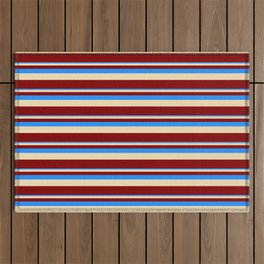 [ Thumbnail: Blue, Tan, and Maroon Colored Lined Pattern Outdoor Rug ]