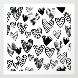 Hearts black and white hand drawn minimal love valentines day pattern gifts decor Art Print