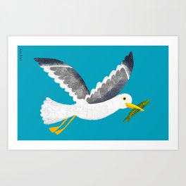 Seagull with a little fish - Cute coastal bird by Cecca Designs Art Print