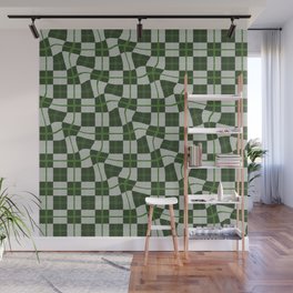 Warped Checkerboard Grid Illustration Whimsical Green Wall Mural
