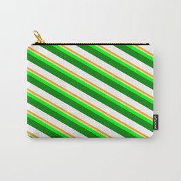 [ Thumbnail: Vibrant Orange, Pale Goldenrod, Lime, Green, and White Colored Stripes/Lines Pattern Carry-All Pouch ]