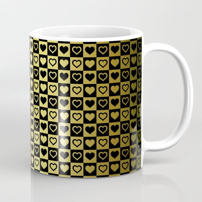 Gold & Black Valentines Loveheart Square Checkers Coffee Mug
