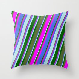 [ Thumbnail: Colorful Dark Olive Green, Fuchsia, Royal Blue, Powder Blue, and Dark Green Colored Lines Pattern Throw Pillow ]