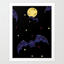 Purple flying bats and moon pattern on black Art Print