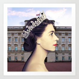 Queen Elizabeth - The Young Queen with  Buckingham Palace Background Art Print