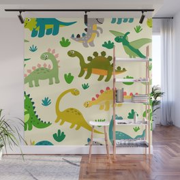 Cute Dinosaurs Pattern In Flat Style Wall Mural
