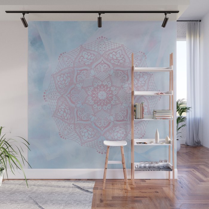 Pink Lotus Flower Mandala on Blue Fantasy Background Wall Mural
