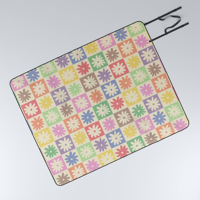 Colorful Flower Checkered Pattern Picnic Blanket