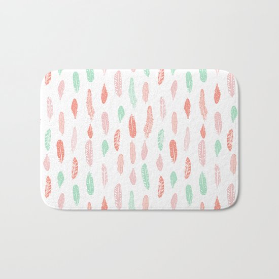 Feather mint pink and white minimal feathers pattern nursery gender neutral boho decor Bath Mat
