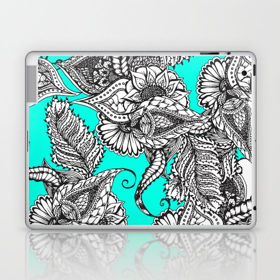 Boho black white hand drawn floral doodles pattern turquoise Laptop & iPad Skin