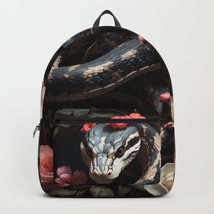 Snake and Roses Dark Floral Flowers and Snake Blue Beige Viper White Roses Pink Roses Backpack