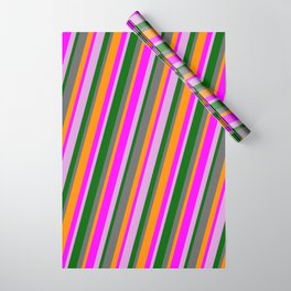 [ Thumbnail: Eye-catching Dim Gray, Dark Orange, Fuchsia, Plum, and Dark Green Colored Pattern of Stripes Wrapping Paper ]