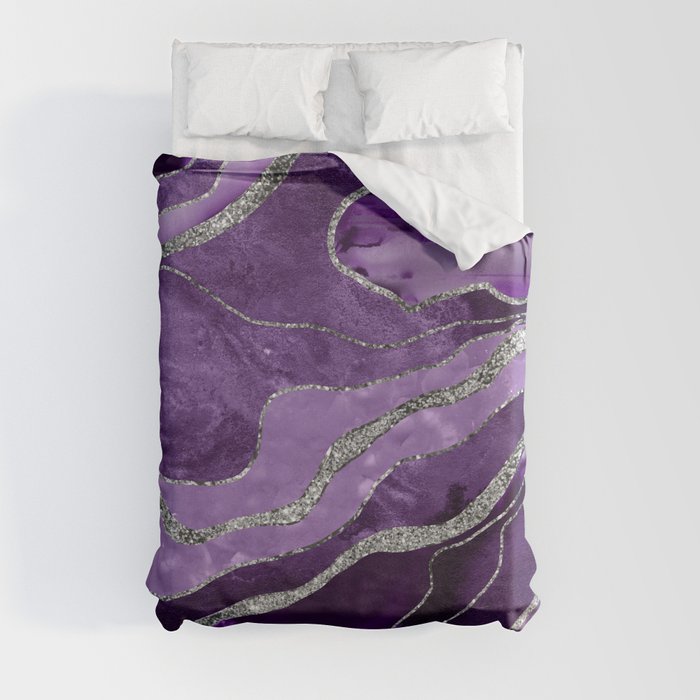 Purple Marble Agate Silver Glitter Glam #1 (Faux Glitter) #decor #art #society6 Duvet Cover