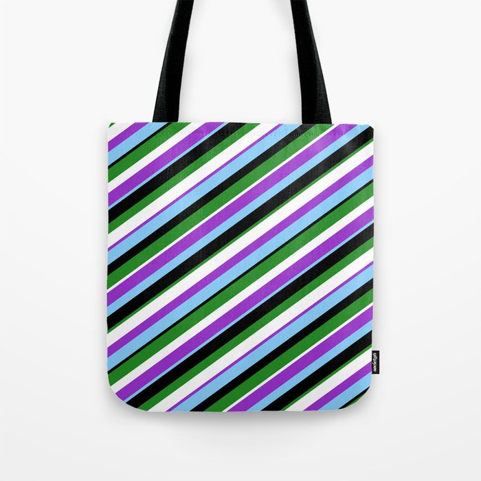 Dark Orchid, Light Sky Blue, Black, Forest Green, and White Colored Lines Pattern Tote Bag