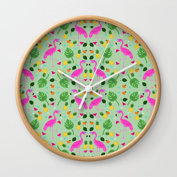 Fun Flamingos on Green Wall Clock