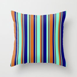 [ Thumbnail: Chocolate, Aquamarine & Blue Colored Stripes Pattern Throw Pillow ]