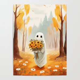 cute ghost in autumn with sunflower bouquet Poster