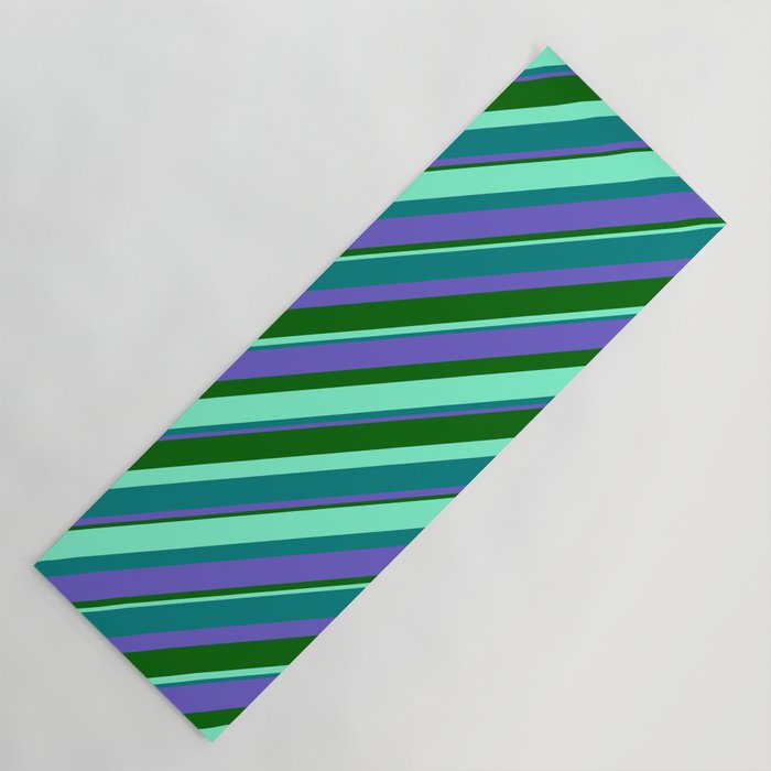 Aquamarine, Teal, Slate Blue, and Dark Green Colored Striped Pattern Yoga Mat