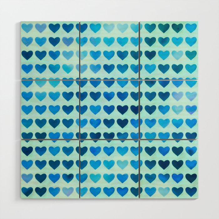 Rainbow Hearts Aqua Blue Navy Wood Wall Art