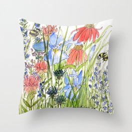 Botanical Garden Wildflowers and Bees Throw Pillow