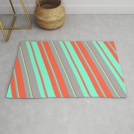 [ Thumbnail: Red, Aquamarine, and Dark Grey Colored Lined/Striped Pattern Rug ]