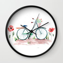 watercolor vintage bike, floral bicycle, summer bike ride Wall Clock