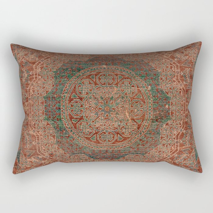 Bohemian Medallion I // 15th Century Old Distressed Red Green Colorful Ornate Accent Rug Pattern Rectangular Pillow