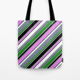[ Thumbnail: Eye-catching Forest Green, Violet, Light Slate Gray, Black & White Colored Striped/Lined Pattern Tote Bag ]