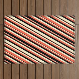 [ Thumbnail: Red, Black & Light Yellow Colored Striped Pattern Outdoor Rug ]