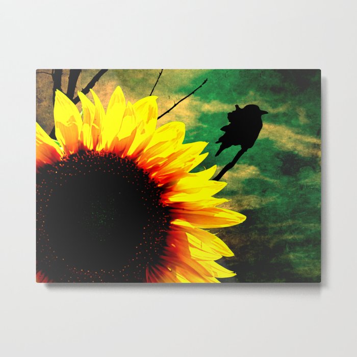 Sunflower Black Bird Silhouette Modern Country Farmhouse Art A595 Metal Print