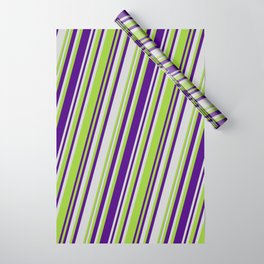 [ Thumbnail: Light Gray, Green & Indigo Colored Pattern of Stripes Wrapping Paper ]