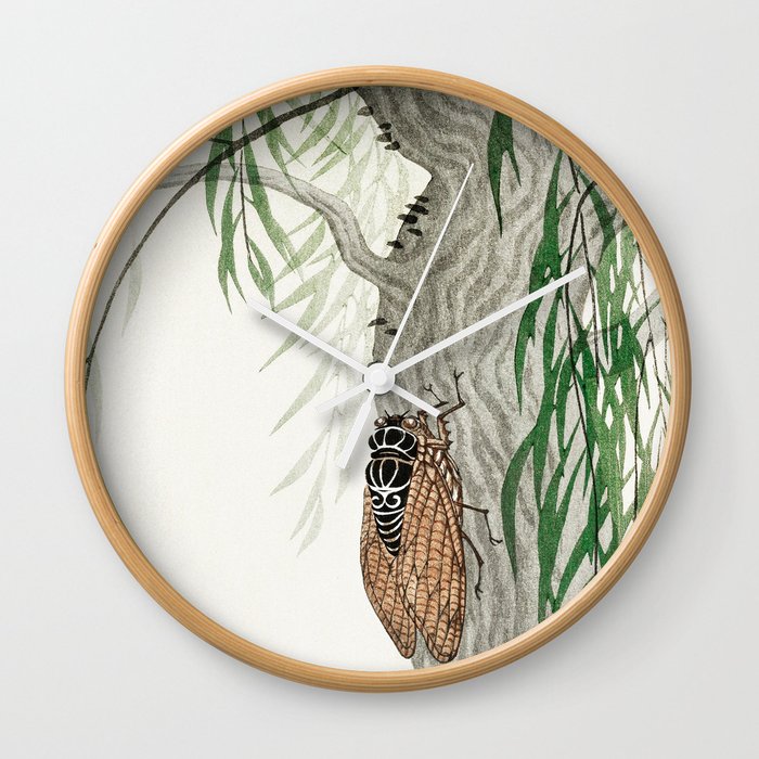 Cicada on a weeping willow tree - Japanese vintage woodblock print Wall Clock