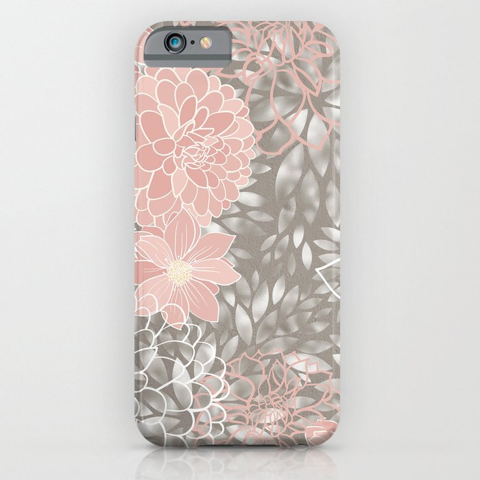 Floral Dahlias, Blush Pink, Gray, White iPhone Case