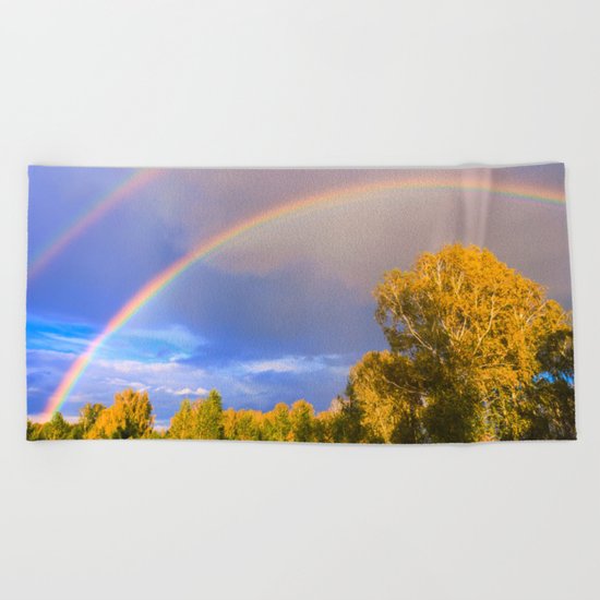 Double rainbow in autumn Beach Towel