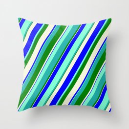 [ Thumbnail: Vibrant Aquamarine, Light Sea Green, Green, Beige, and Blue Colored Lines Pattern Throw Pillow ]