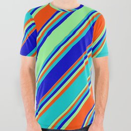 [ Thumbnail: Dark Turquoise, Blue, Green, and Red Colored Striped Pattern All Over Graphic Tee ]