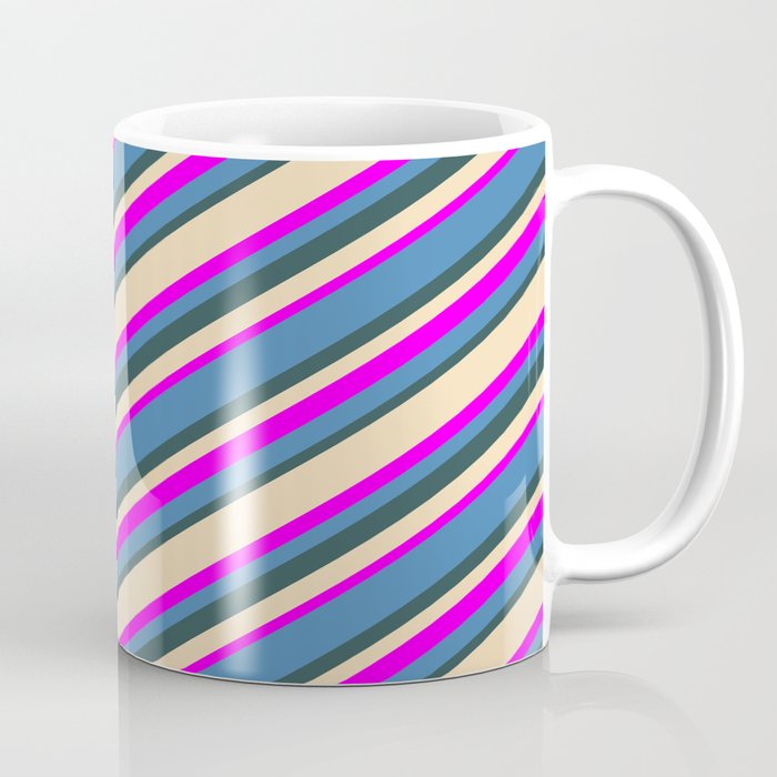 Tan, Fuchsia, Blue, and Dark Slate Gray Colored Stripes Pattern Coffee Mug