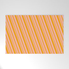 [ Thumbnail: Light Pink and Orange Colored Lined Pattern Welcome Mat ]