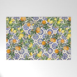 Sicilian Citrus, Mediterranean tiles & vintage lemons & orange fruit pattern Welcome Mat