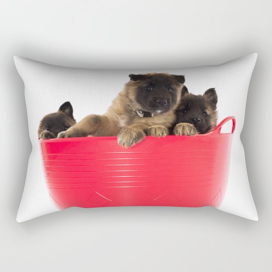 Three puppies in red laundry basket Rectangular Pillow