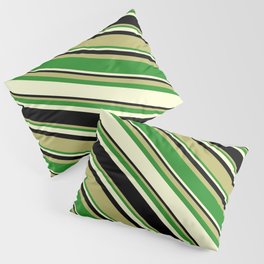[ Thumbnail: Dark Khaki, Forest Green, Light Yellow, and Black Colored Pattern of Stripes Pillow Sham ]
