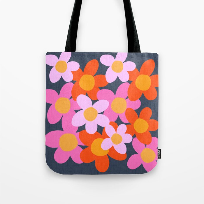 Cheerful Flowers 70’s Retro Navy Tote Bag