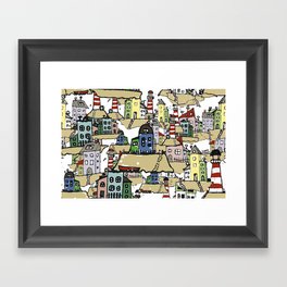 Drawn houses in a marine theme. Driftwood Style. Framed Art Print