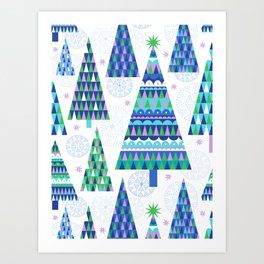 Scandi Geo Christmas Trees - Green and Blue Art Print