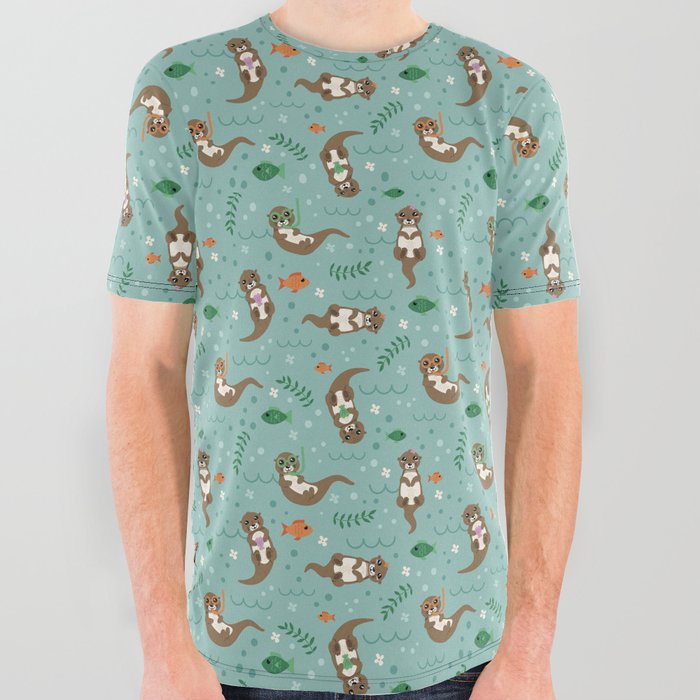 Kawaii Otters Playing Underwater All Over Graphic Tee