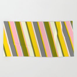 [ Thumbnail: Vibrant Light Pink, Yellow, Green, Gray, and Light Yellow Colored Stripes/Lines Pattern Beach Towel ]
