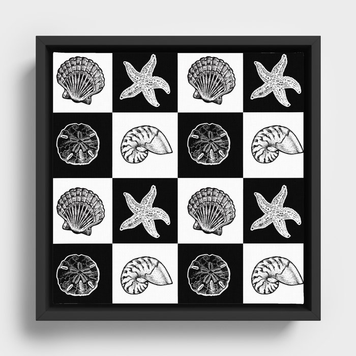 Checkered Seashells - Black and White Framed Canvas