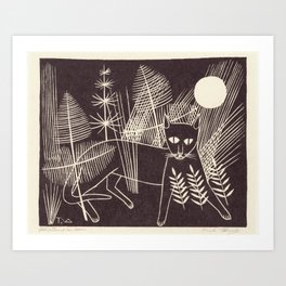 Black Panther Cat And Full Moon In The Jungle  Art Print