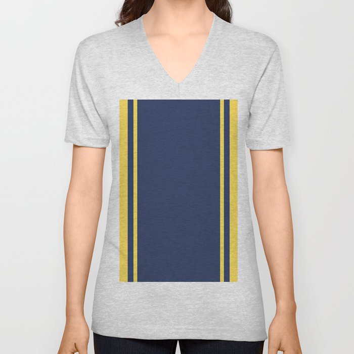 Yellow and Blue Pattern V Neck T Shirt