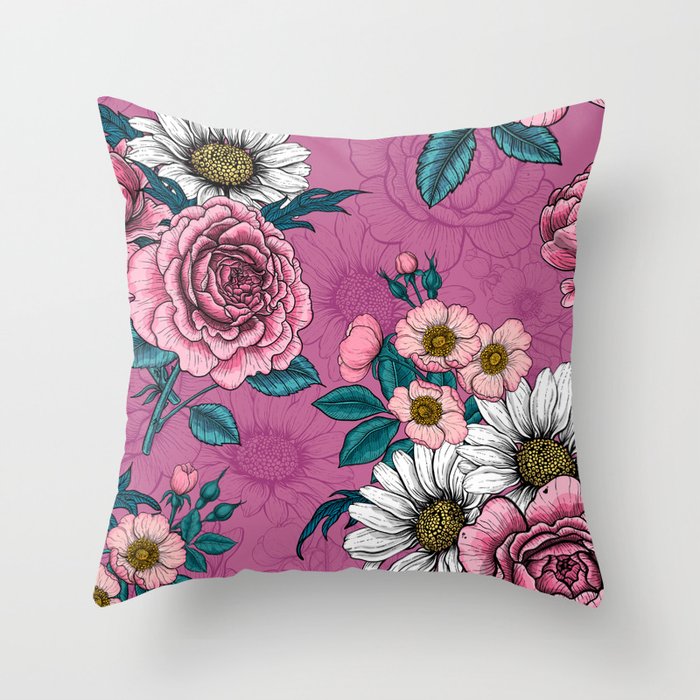 Summer bouquets - pink roses, daisies and wild roses 2 Throw Pillow